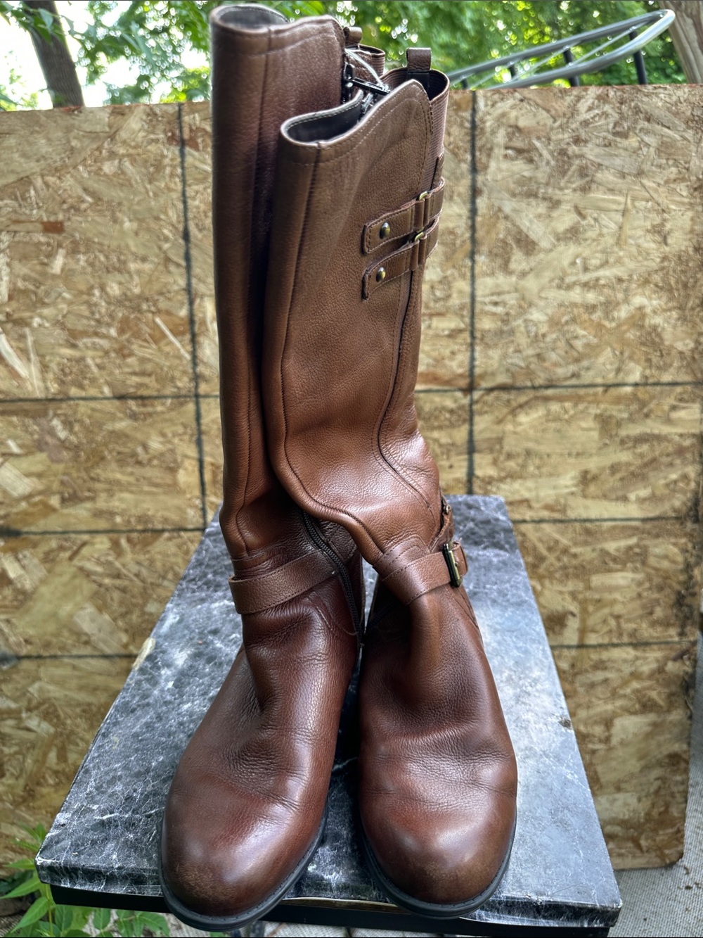 Men's Brown Leather Tall Riding Boots with Buckle Detail